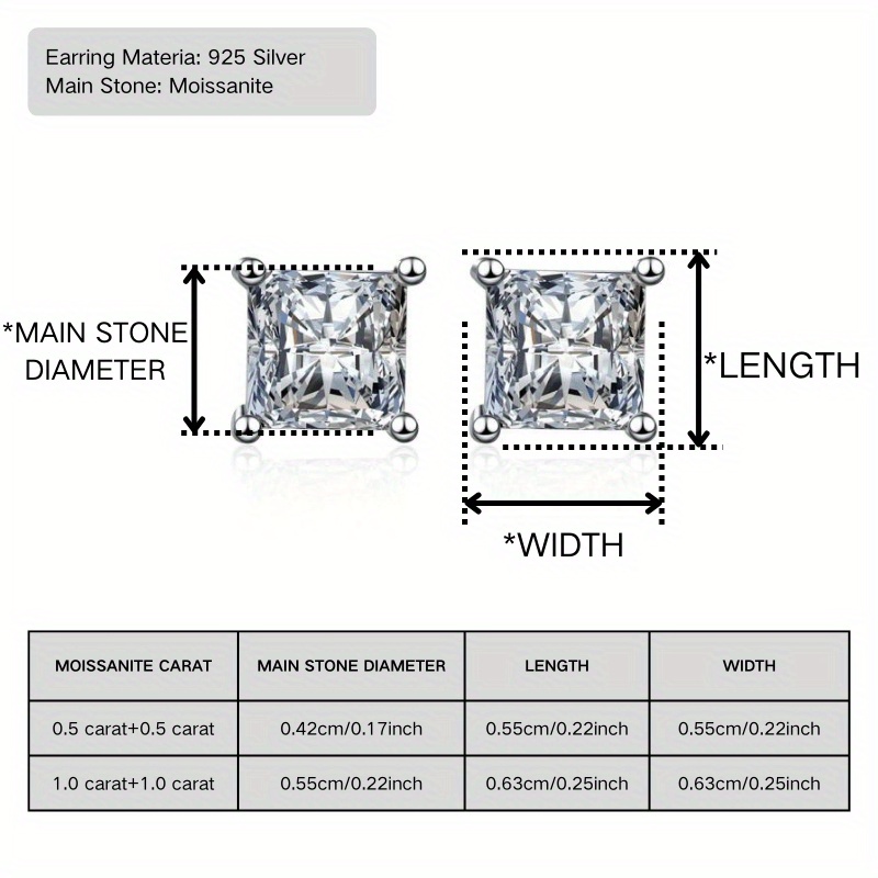 0.5/1 Carat Princess Moissanite S925 Silver Stud Earrings